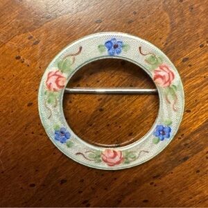 Vtg Lamode Sterling Silver Guilloche Enamel Floral Brooch Rose Blue Flower Pin